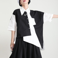 2021夏季宽松设计感短袖衬衫后背开叉中长款不规则黑白撞色衬衫女