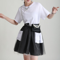 设计感小众蕾丝网纱短袖裙子 2021夏新款假两件A字连衣裙宽松显瘦