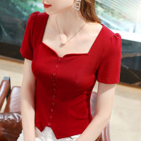 车厘子红短袖T恤女2021年新款设计感法式复古方领泡泡袖时髦上衣