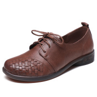 真皮低跟单鞋女手工编织女鞋2021早秋新款系带皮鞋