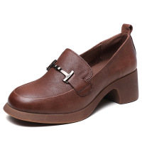 粗跟真皮单鞋女秋季新款套脚中跟牛皮低帮女鞋