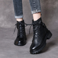 英伦风马丁靴女低跟皮带扣系带女靴2021冬季新款短筒单靴