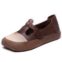 手工真皮软底单鞋女春秋新款宽头套脚低帮平底复古拼色四季女鞋