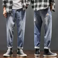 韩版男士牛仔裤潮流混搭款九分裤秋男式宽松磨白ins超火 men jean