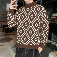 毛衣男秋冬季潮牌韩版宽松套头半高领针织衫菱形格子青年加厚线衫
