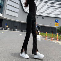 2021秋季新款开叉牛仔裤女高腰弹力修身显瘦微喇叭裤长裤口袋装饰