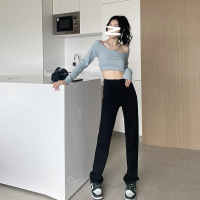 2021秋季韩国小直筒牛仔裤女高腰显瘦宽松烟管裤秋冬弹力直筒长裤