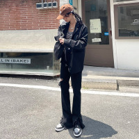 开叉破洞牛仔裤女2021秋季新款宽松阔腿百搭垂感直筒拖地牛仔长裤