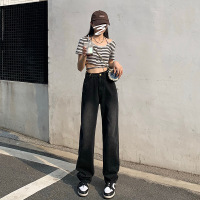 2021新款秋季新款韩版扣子潮ins垂感高腰小个子宽松阔腿牛仔裤女