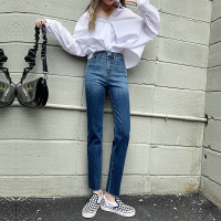 2021春秋季新款高腰渐变色弹力牛仔裤女直筒显瘦显高烟管长裤