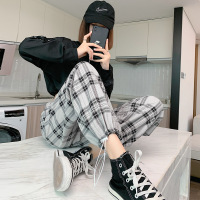 格子裤女裤子高街垂坠感宽松网红束脚抽绳春秋季阔腿裤休闲潮ins