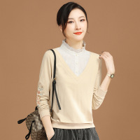 假两件立领套头条纹刺绣卫衣女2021年秋装新款长袖T恤上衣薄