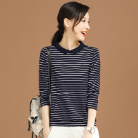 娃娃领宽松条纹长袖T恤 女2021年秋装新款套头休闲打底衫潮