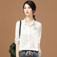 文艺条纹白衬衫女2021年秋装新款文艺长袖衬衣上衣女设计感