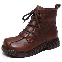 复古手工真皮靴子女2021秋冬新款系带民族风女靴低跟牛皮马丁靴