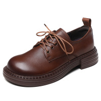 真皮低帮大头鞋女2021秋季新款纯皮系带英伦风小皮鞋低跟软底单鞋