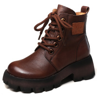 帅气复古马丁靴女2021秋冬新款增高真皮系带厚底轻便英伦风骑士靴