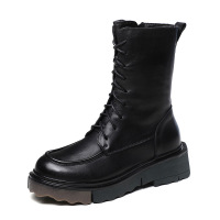 真皮中筒靴女秋冬2021新款英伦风绑带厚底靴子牛皮机车炸街马丁靴