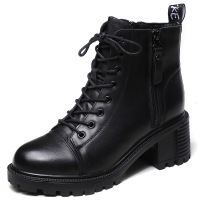 粗跟短靴女系带侧拉链真皮中跟靴子女2021冬季新款百搭显瘦时装靴