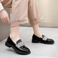 春秋季新款2021软皮软底单鞋水钻真皮女鞋平底漆皮乐福鞋黑色皮鞋