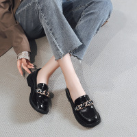 真皮单鞋女粗跟平底英伦风小皮鞋春秋一脚蹬马衔扣乐福鞋