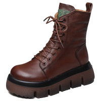 复古高帮靴子女系带软底软皮单靴2021秋冬新款裸靴轻便厚底瘦瘦靴