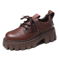 手工复古厚底系带女士松糕皮鞋春秋头层牛皮欧美时尚粗跟棕色单鞋