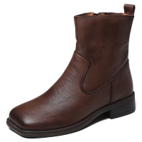 方头单靴女侧拉链手工真皮复古及裸靴2021新款春秋低跟软皮时装靴