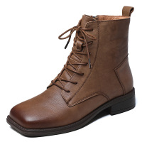 方头复古低跟英伦风马丁靴女秋冬新款短靴户外帅气系带牛皮骑士靴