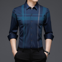 Ceba21秋季新款男式长袖衬衫免烫韩版潮流修身格子商务休闲男士