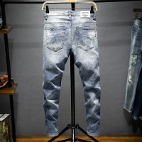 Ceba精神社会小伙春夏浅色韩版个性补丁牛仔长裤百搭个性跑男式牛仔裤