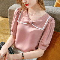 Ceba短袖雪纺衫女夏2022新款女装洋气丝滑缎面小衫撞色减龄娃娃领上衣