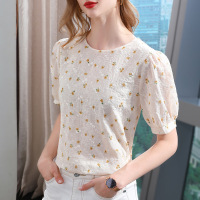 Ceba碎花雪纺衫女夏2022年新款女装圆领田园风短袖T恤法式泡泡袖上衣