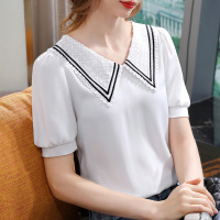 Ceba雪纺衫女短袖2022年新款女装撞色拼接缎面洋气小衫减龄娃娃领上衣