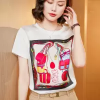 CeenBulled丝绸醋酸2022春夏季女装新款印花桑蚕丝韩版宽松上衣短袖T恤