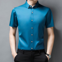 Ceba中年男短袖衬衫冰丝滑料夏装新款白色短袖衬衣纯色宽松半袖薄款潮