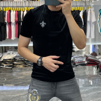 Ceba半袖T恤男徽章烫钻时尚潮流时尚修身休闲金丝绒短袖T恤打底衫体恤