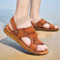 Ceba头层牛皮沙滩鞋夏季新款男士休闲真皮凉鞋牛筋软底拖鞋透气鞋子潮