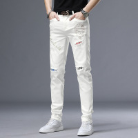 Ceen Bulled厂家男式牛仔裤子修身小脚潮牌烫钻韩版破洞弹性白色牛仔裤男装