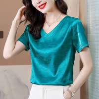 Ceba短袖T恤女夏季新款缎面V领洋气小衫气质显瘦时尚印花贵气妈妈上衣