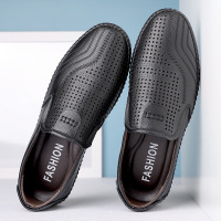 休闲皮鞋男式洞洞软底软面皮工作懒人鞋一脚蹬开车车真皮镂空凉鞋