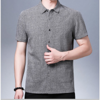 2022夏季短袖衬衫男纯色宽松麻棉中年爸爸装衬衣翻领 中国风唐装