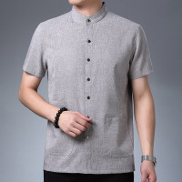 短袖亚麻衬衫男装夏季立领衬衣商务薄款寸衣40岁50中年爸爸装
