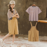 Three Sons 2022女童夏装套装韩版新短袖条纹T恤背带裤韩版中大童复古两件套