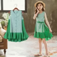 Three Sons 女童夏季连衣裙新款韩版夏装中大童背心拼色休闲公主百褶裙子