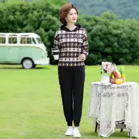 2022新款中年妈妈时尚春秋装运动服连帽套装中老年女装格子套装