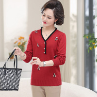 妈妈装春秋新款长袖毛衣女中老年秋季内搭针织打底衫宽松V领上衣