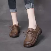 手工软底休闲小皮鞋女2022秋季新款舒适系带牛皮单鞋复古女鞋