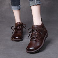 头层牛皮系带平底小短靴女手工软底高帮休闲鞋秋冬季平跟短靴