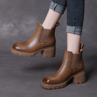 欧洲站粗跟时装靴女2022秋冬新款马丁靴头层牛皮松紧中跟靴子